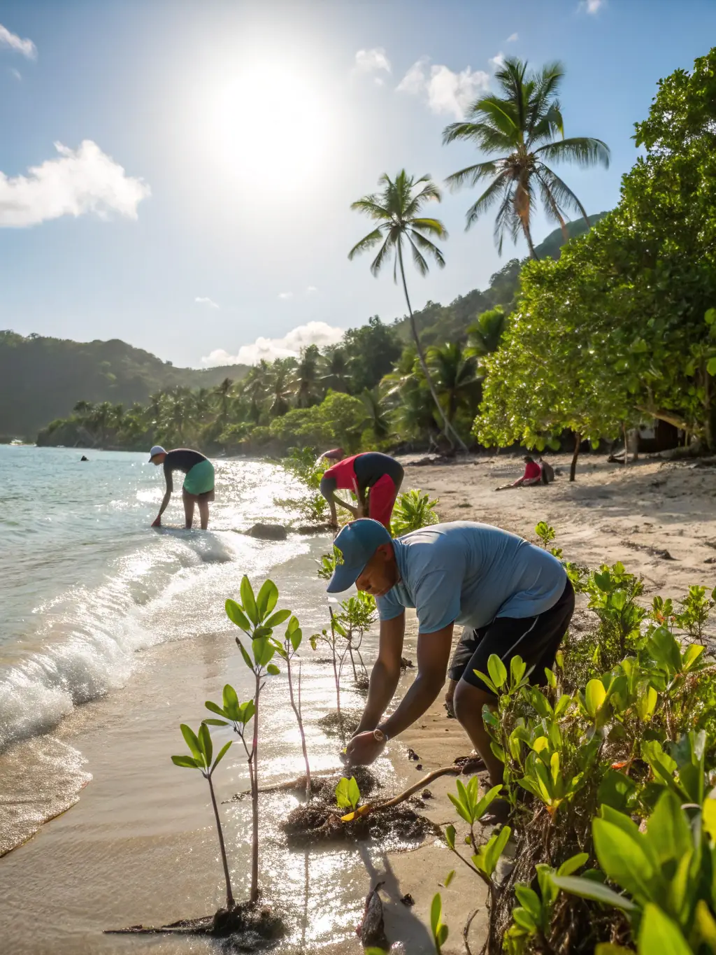 A vibrant photo of volunteers planting trees along the Étang de Berre shoreline, showcasing MNP's habitat restoration efforts.