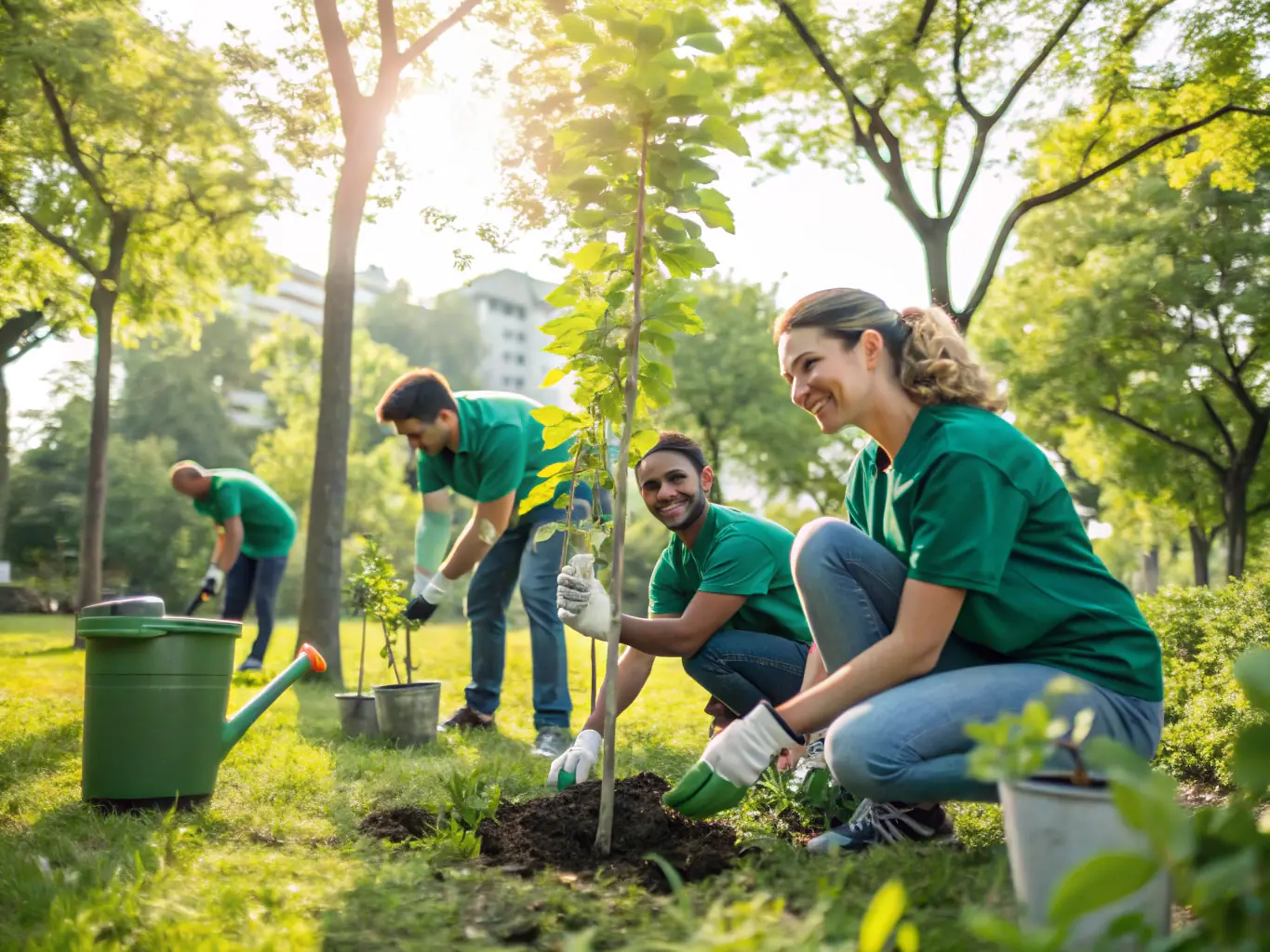 A vibrant image of volunteers planting native trees in a local park, illustrating active conservation efforts.